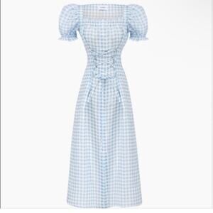 Sleeper Women's Blue Vichy Marquise Corset Linen Dress Gingham Midi Lace Up S